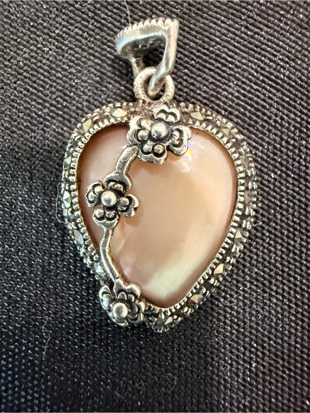 Vintage Silver Mother of pearl heart art deco marcasite floral pendant